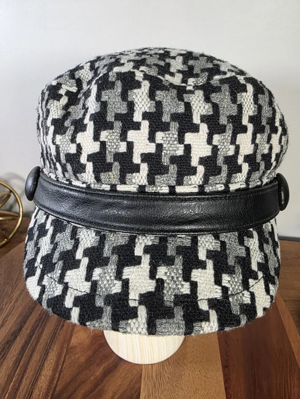 NEW San Diego Hat Company Black & White Houndstooth Cadet Hat Faux-Leather Band